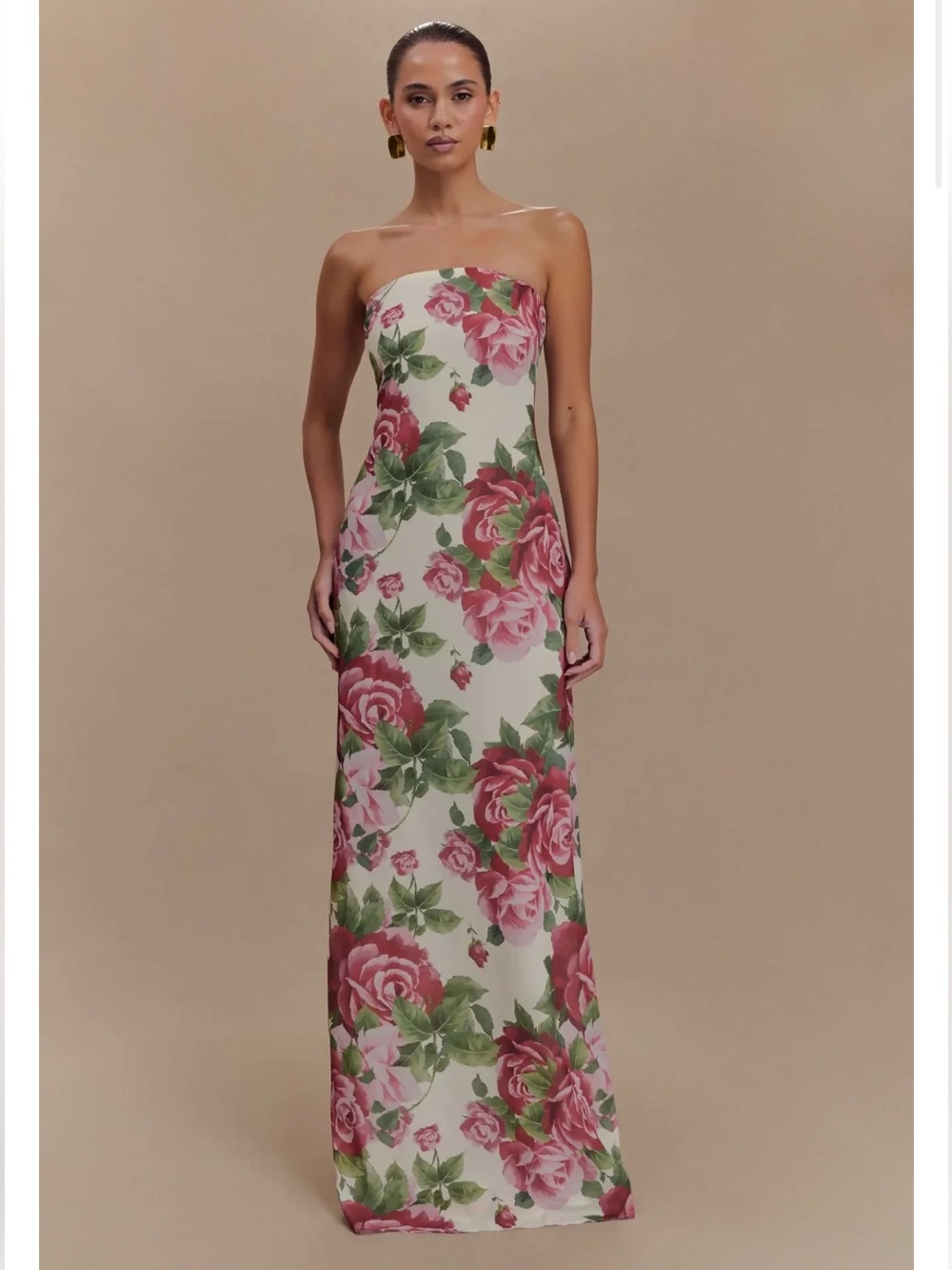 Meshki Strapless Rose-Print Maxi Dress in Pink‎ and Green on Cream